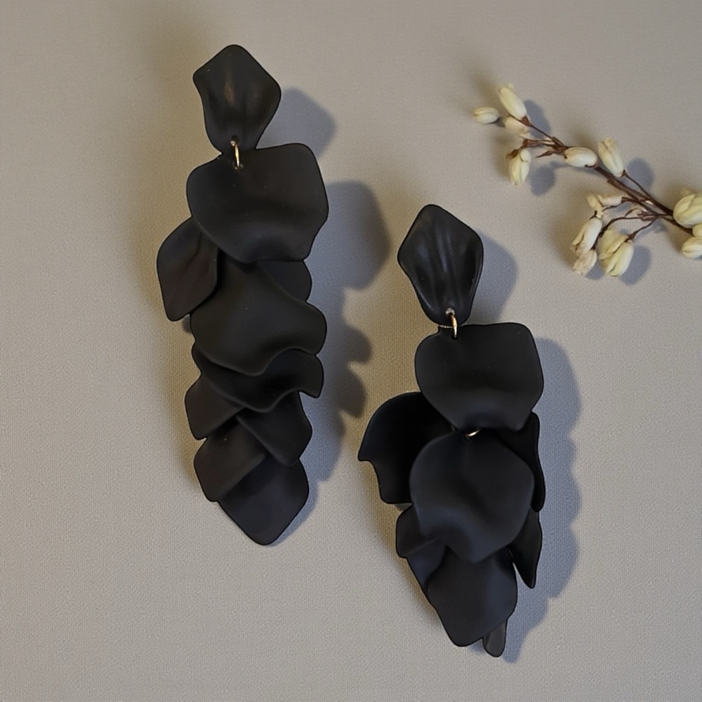 Suede Like Acrylic Painted Jet Black Petal Drop Earrings